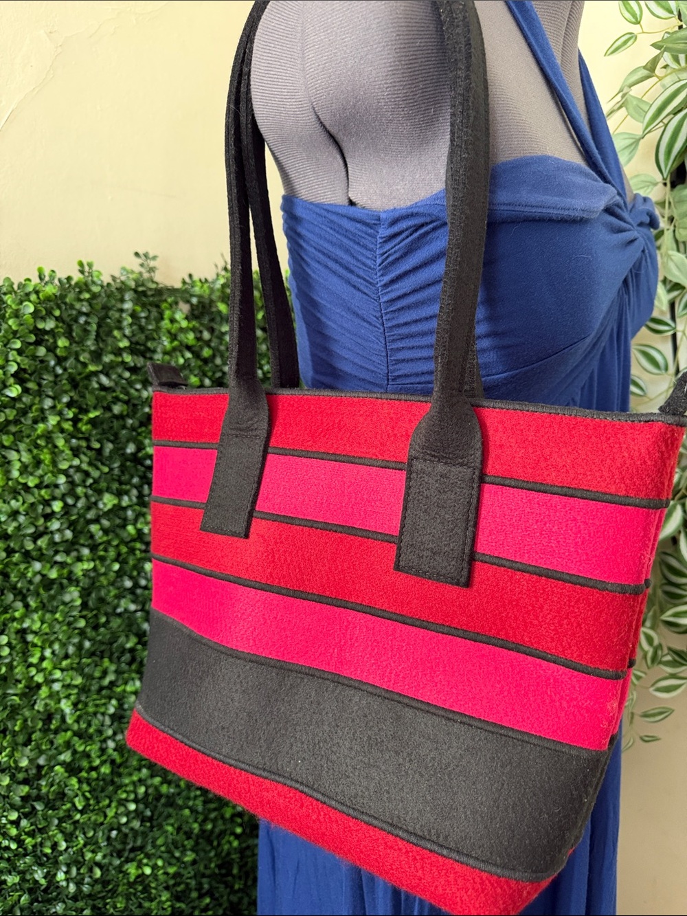 Bold Red & Pink Striped Tote with Black Trim